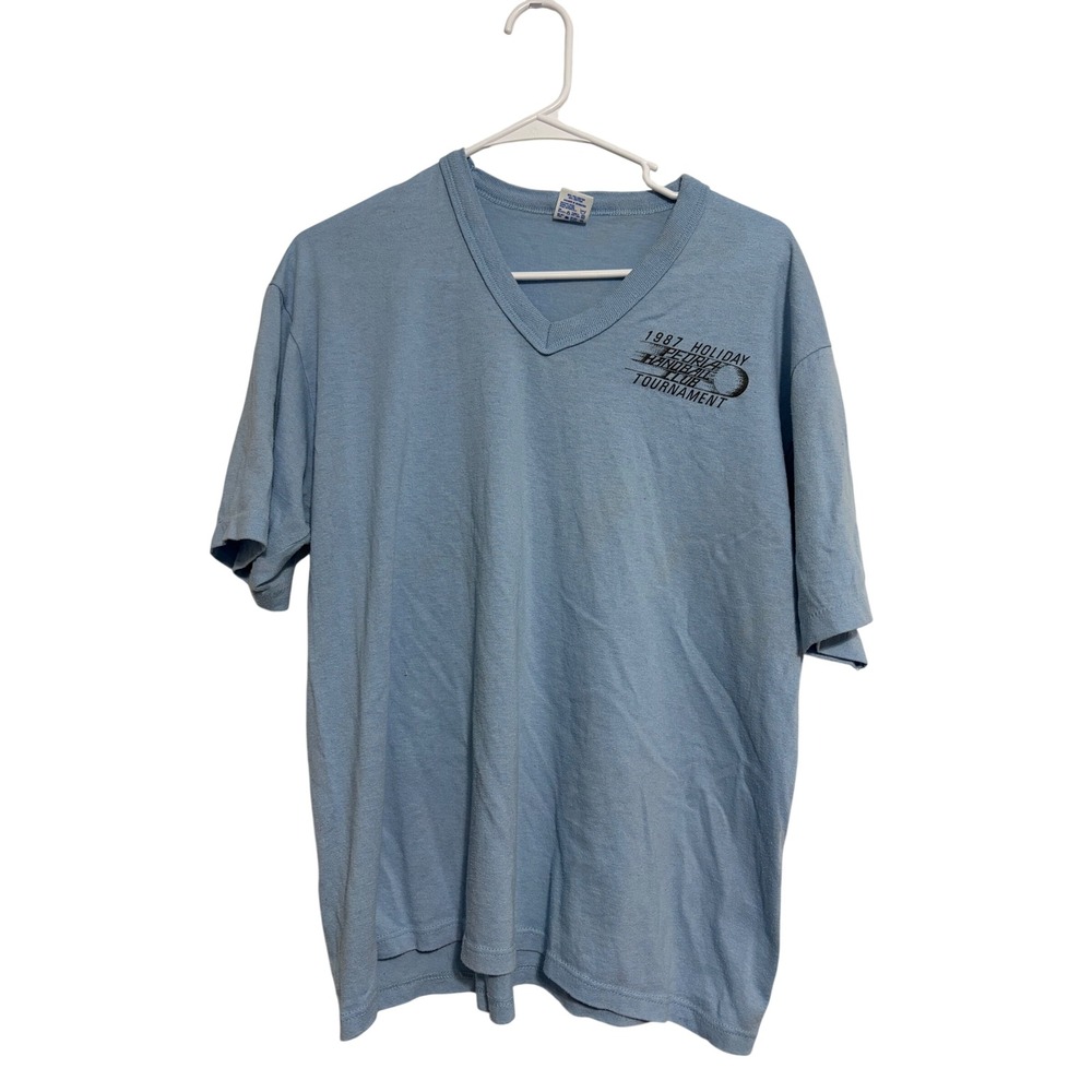Jerzees T-Shirt 1987 Peoria Handball Little Caesars Blue V-Neck XL Vintage 80s